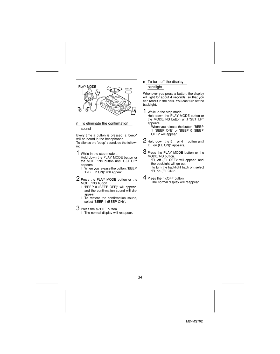 Sharp MD-MS702, MD-R2 To eliminate the confirmation, Sound, To turn off the display backlight, While in the stop mode 