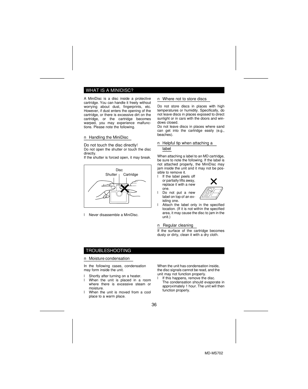 Sharp MD-MS702, MD-R2 operation manual What is a MINIDISC?, Troubleshooting 