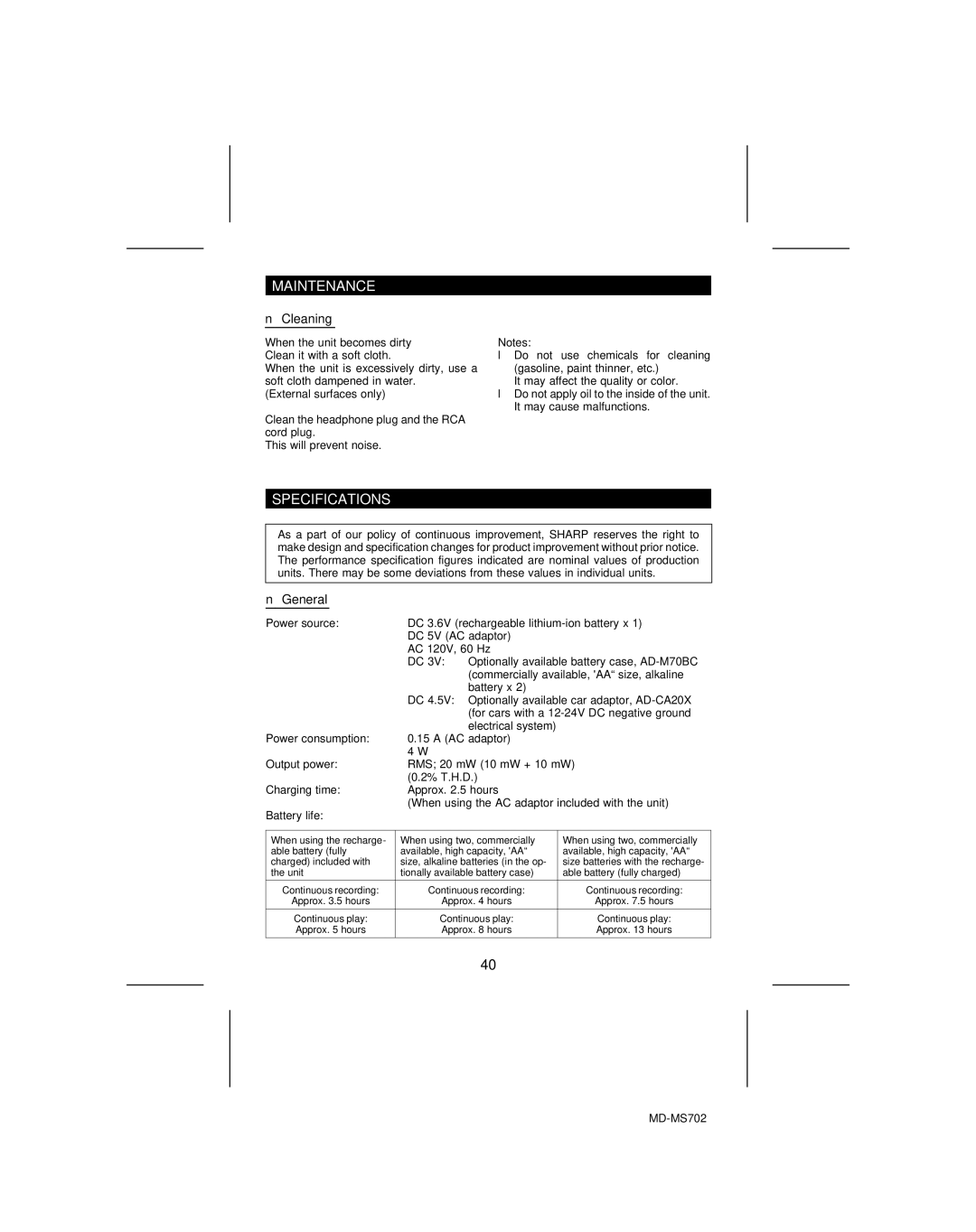 Sharp MD-MS702, MD-R2 operation manual Maintenance, Specifications, Cleaning, General 