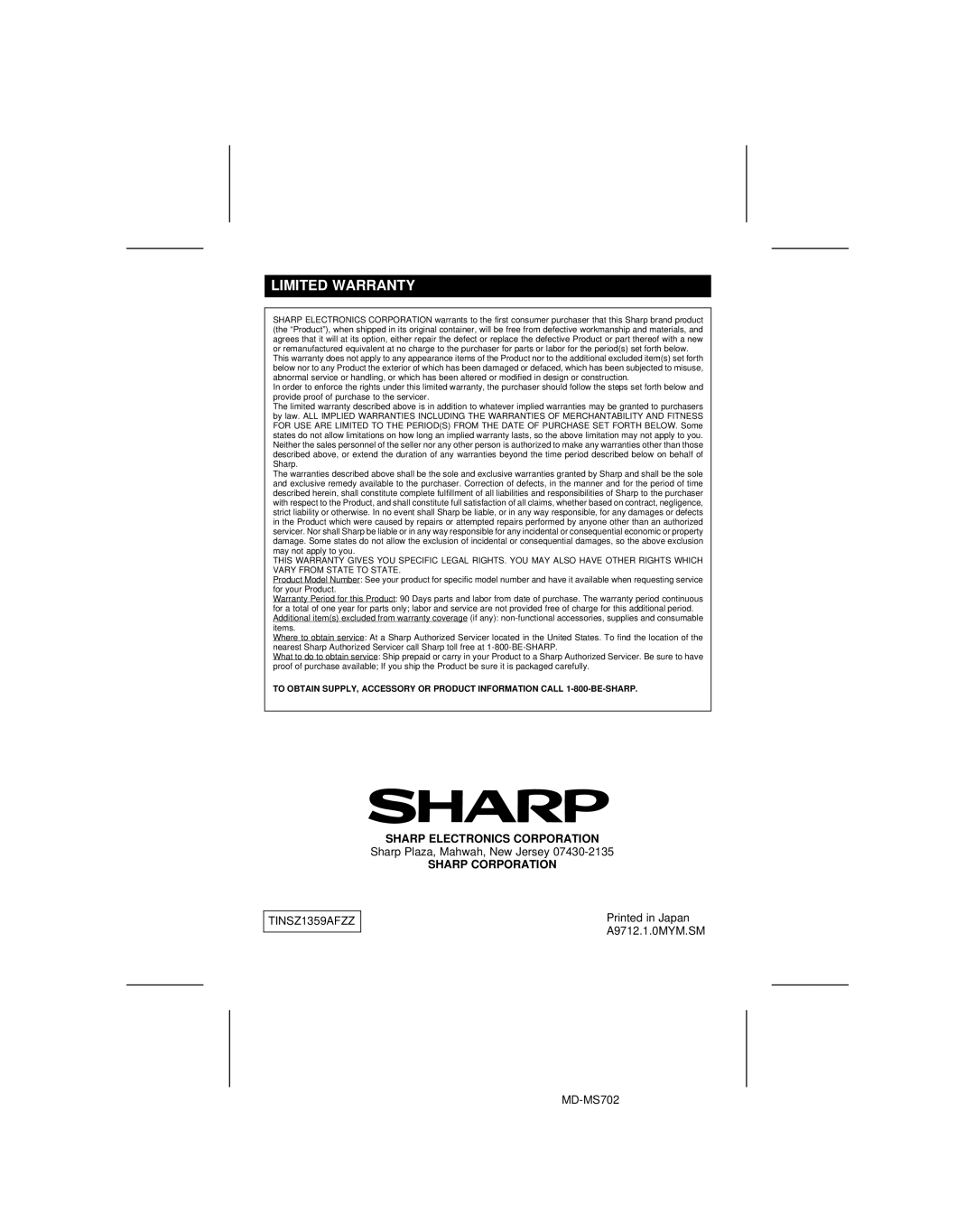 Sharp MD-R2, MD-MS702 operation manual Limited Warranty 