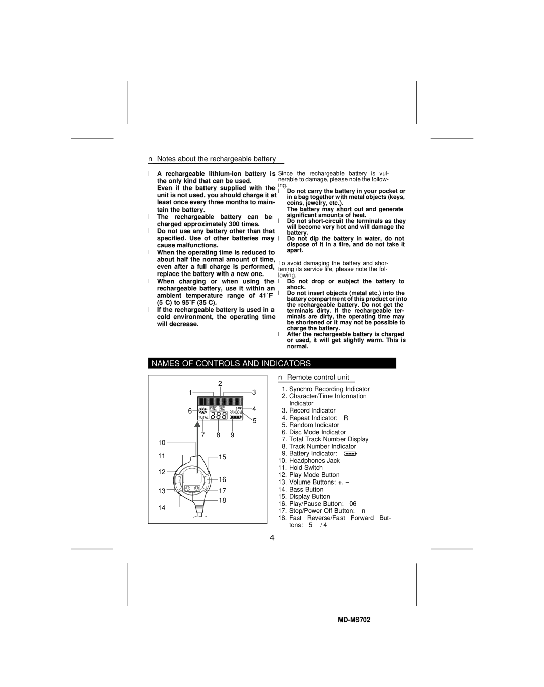 Sharp MD-MS702, MD-R2 operation manual Names of Controls and Indicators, Remote control unit 