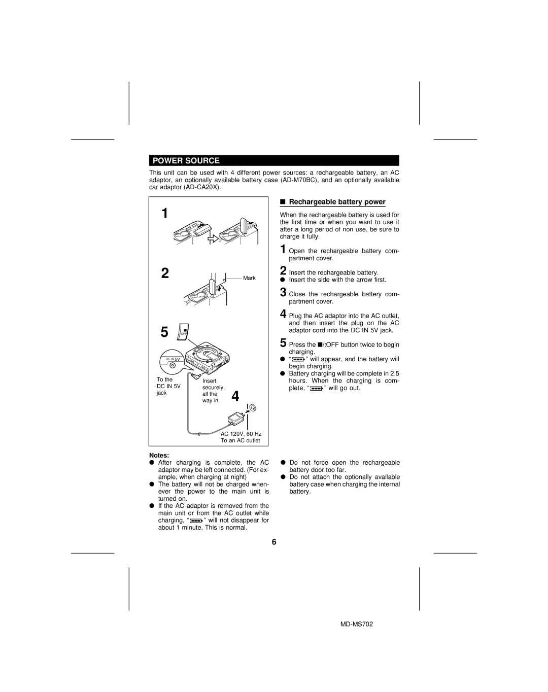 Sharp MD-MS702, MD-R2 operation manual Power Source, Rechargeable battery power 