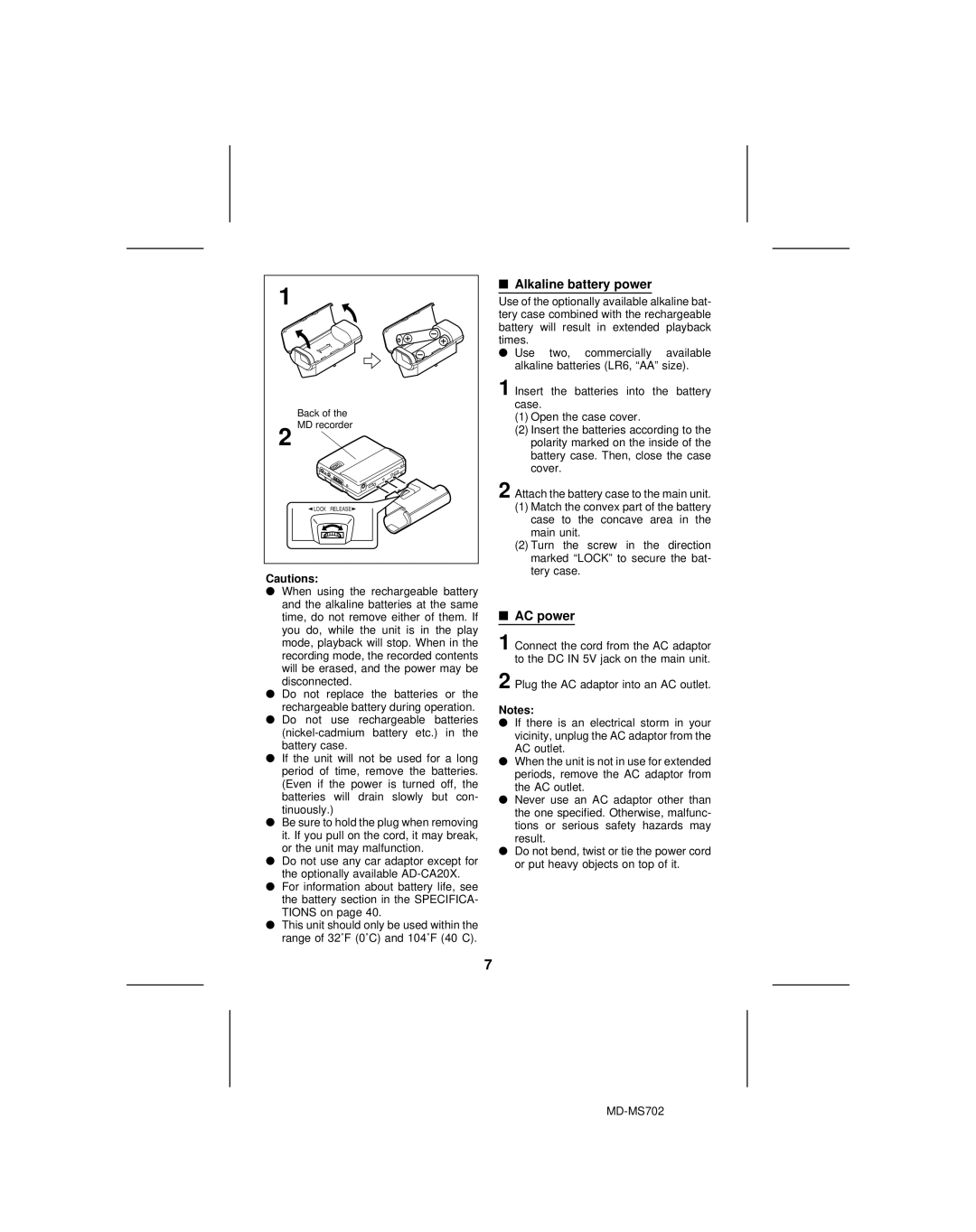 Sharp MD-R2, MD-MS702 operation manual Alkaline battery power, AC power 