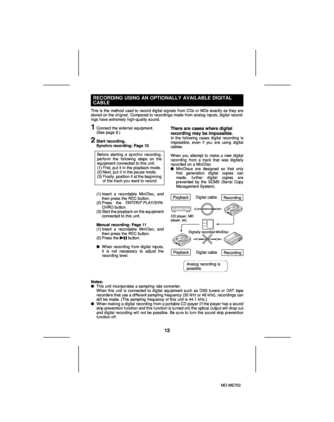 Sharp MD-MS702, MD-R2 operation manual Start recording Synchro recording Page, Manual recording Page 