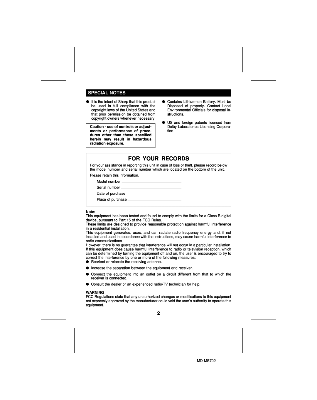 Sharp MD-MS702, MD-R2 operation manual Special Notes, For Your Records 
