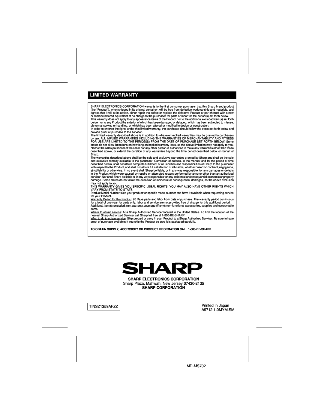Sharp MD-R2, MD-MS702 operation manual Limited Warranty, Sharp Electronics Corporation, Sharp Corporation 