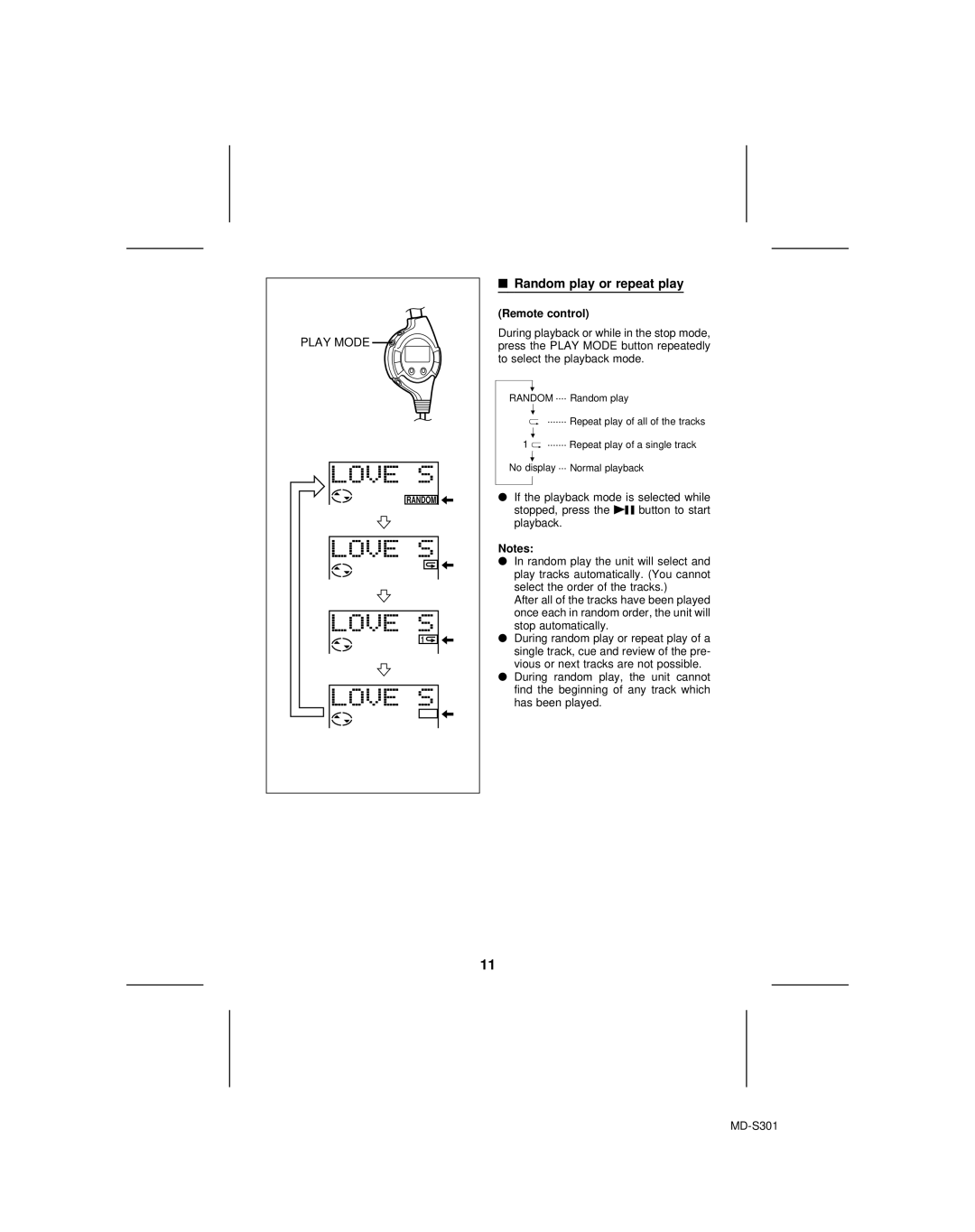 Sharp MD-S301 operation manual Random play or repeat play, Remote control 