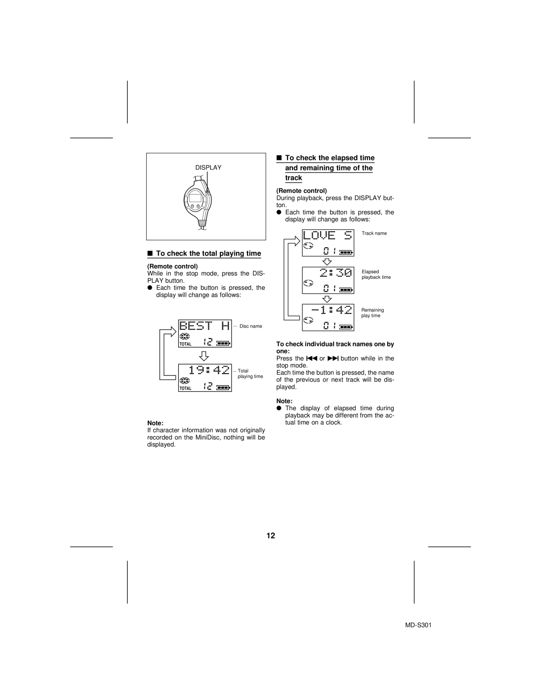 Sharp MD-S301 operation manual To check the total playing time, To check the elapsed time and remaining time of the track 