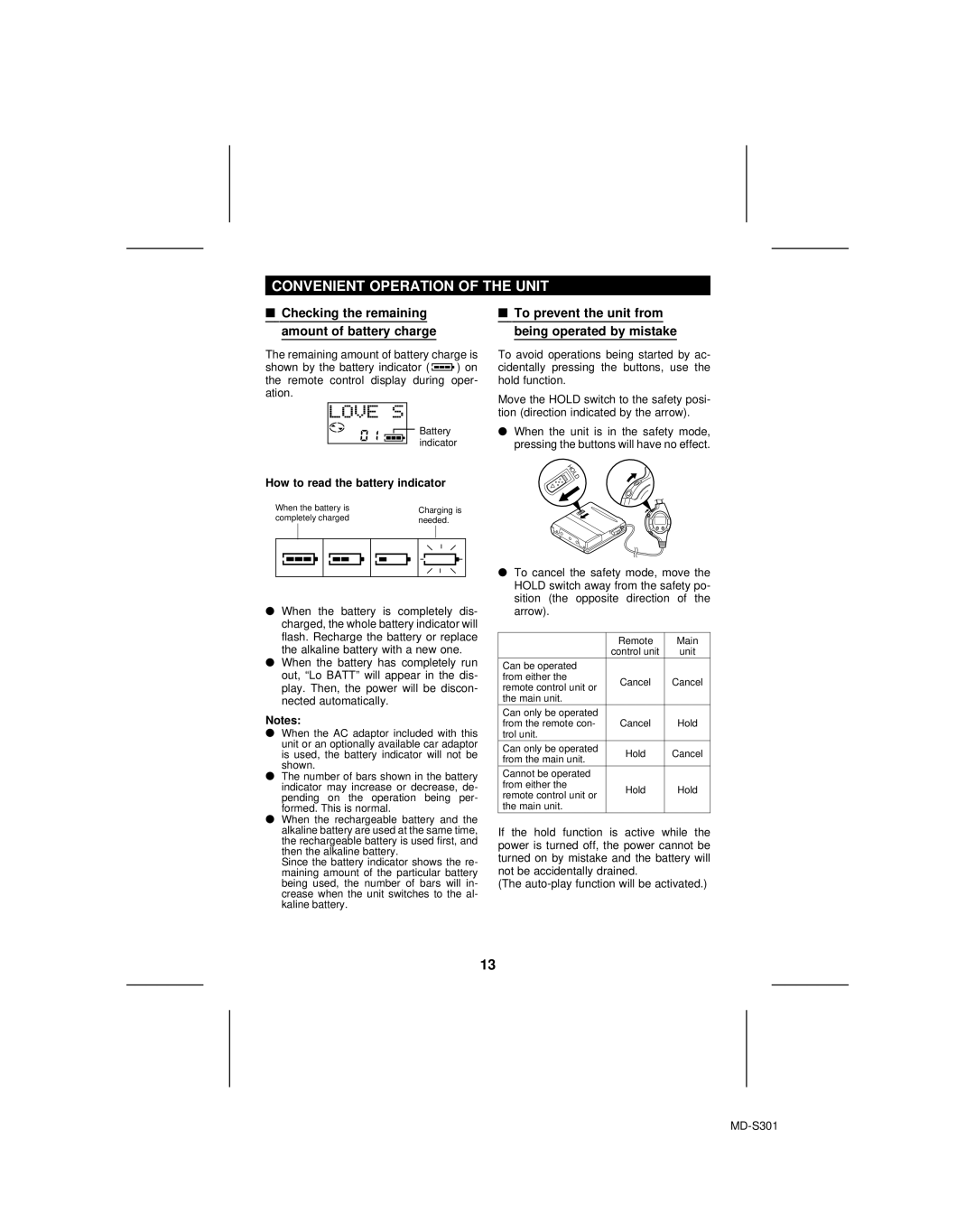 Sharp MD-S301 operation manual Convenient Operation of the Unit, Checking the remaining amount of battery charge 