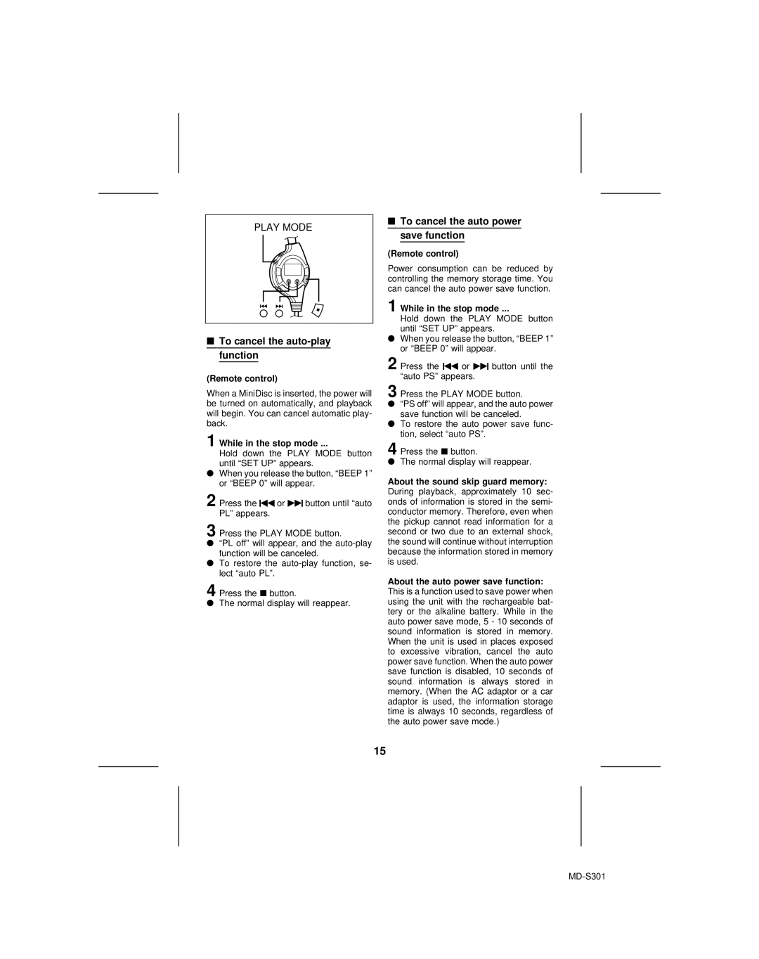 Sharp MD-S301 operation manual To cancel the auto-play function, To cancel the auto power save function 