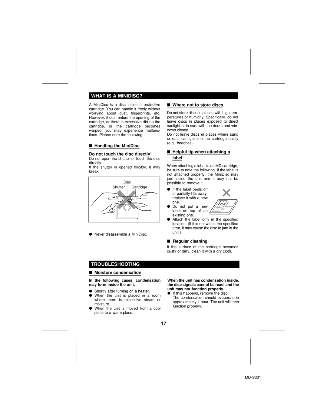 Sharp MD-S301 operation manual What is a MINIDISC?, Troubleshooting 