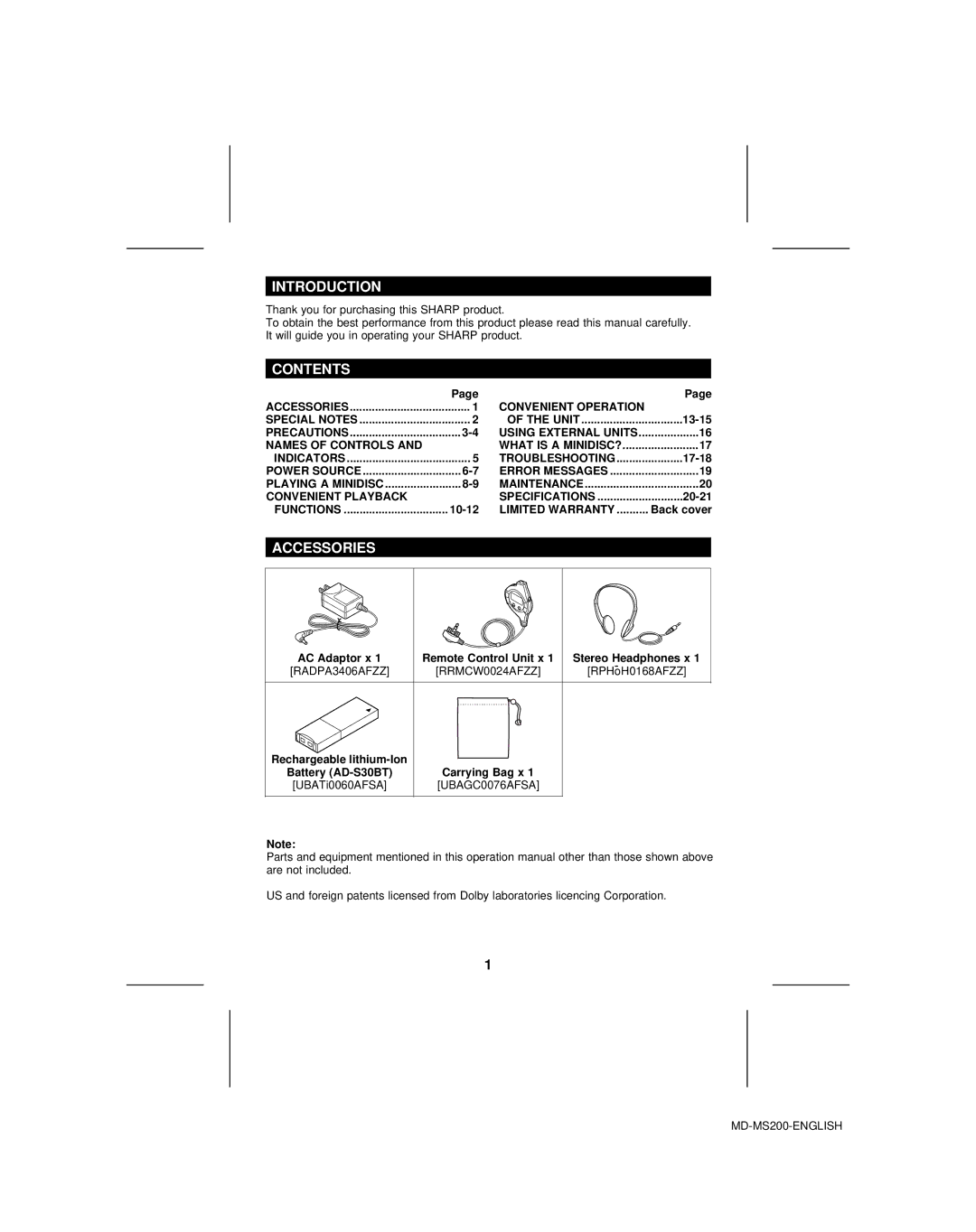 Sharp MD-S301 operation manual Introduction, Contents, Accessories 