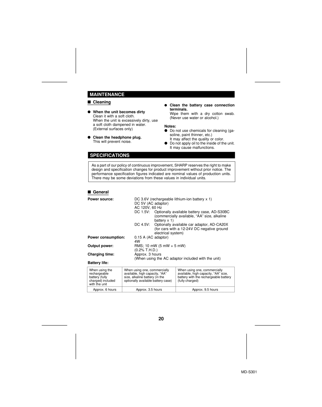 Sharp MD-S301 operation manual Maintenance, Specifications, Cleaning, General 