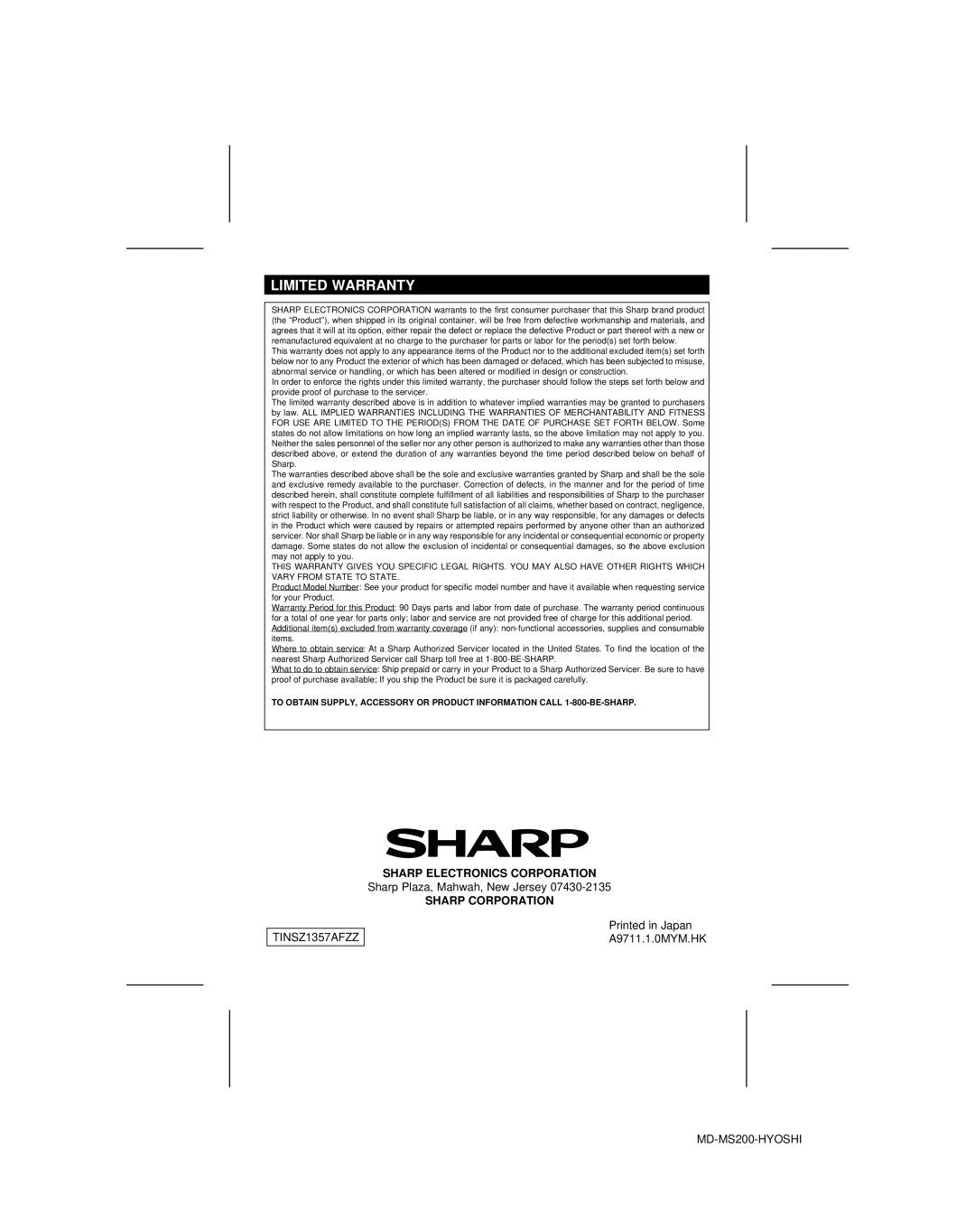 Sharp MD-S301 operation manual Limited Warranty, Sharp Electronics Corporation, Sharp Corporation 