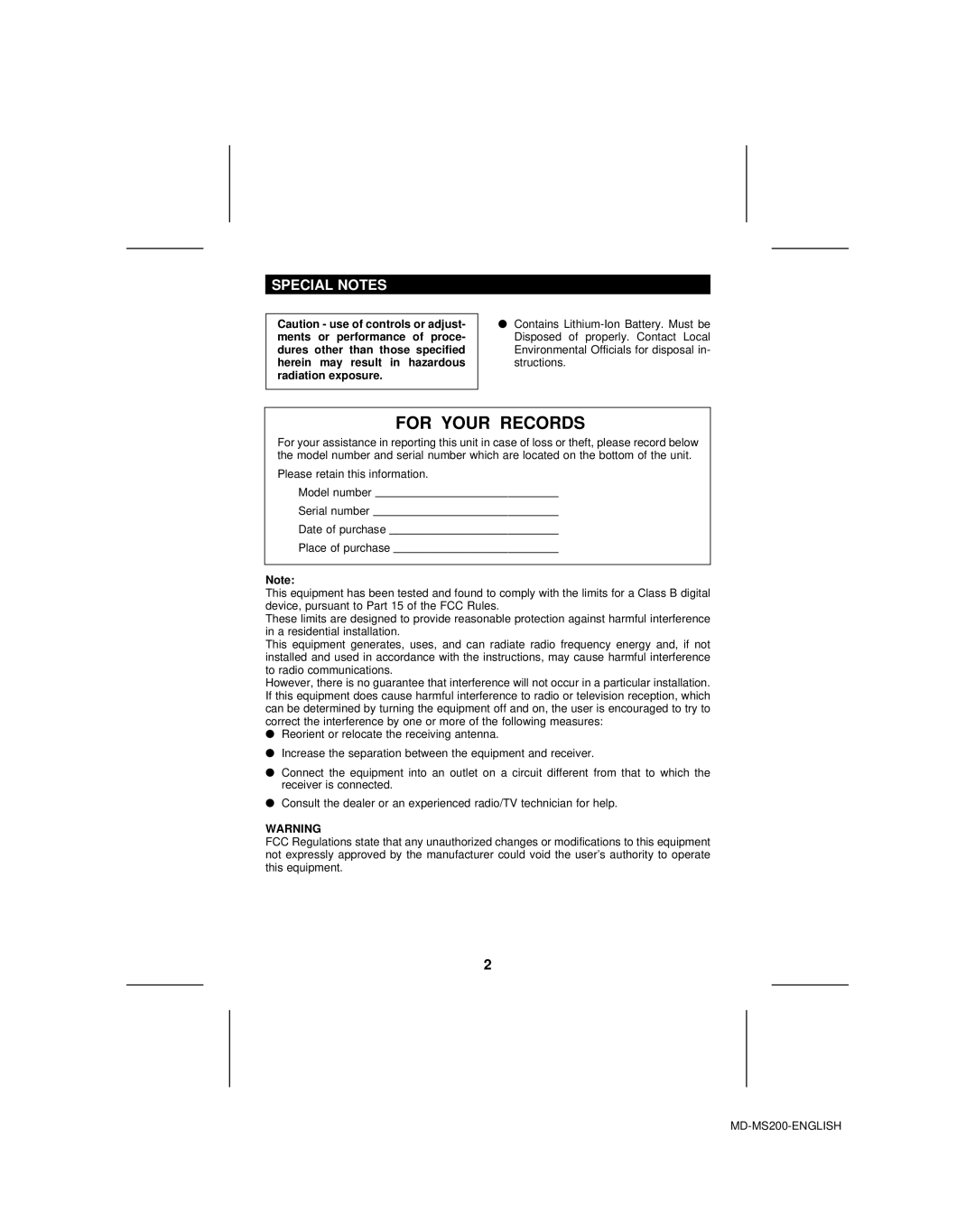 Sharp MD-S301 operation manual For Your Records, Special Notes 