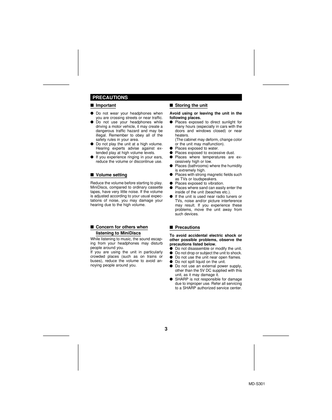 Sharp MD-S301 Precautions, Volume setting, Storing the unit, Concern for others when Listening to MiniDiscs 