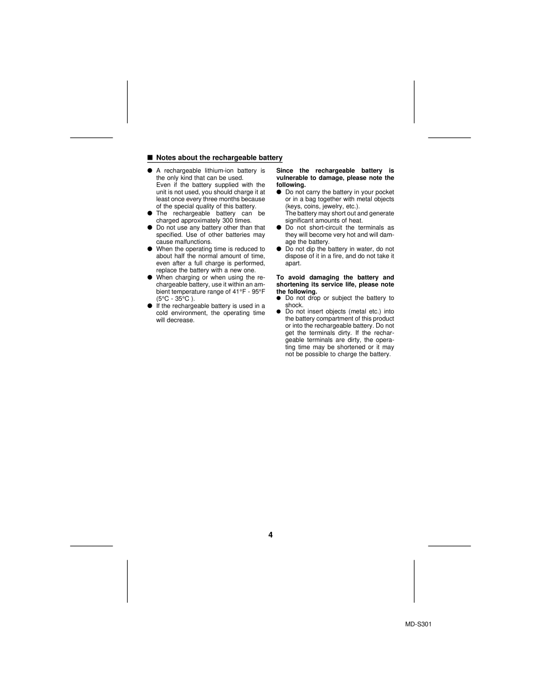 Sharp MD-S301 operation manual Do not drop or subject the battery to shock 