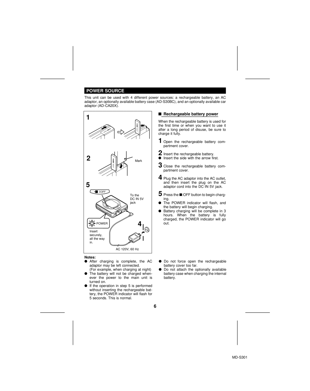 Sharp MD-S301 operation manual Power Source, Rechargeable battery power 