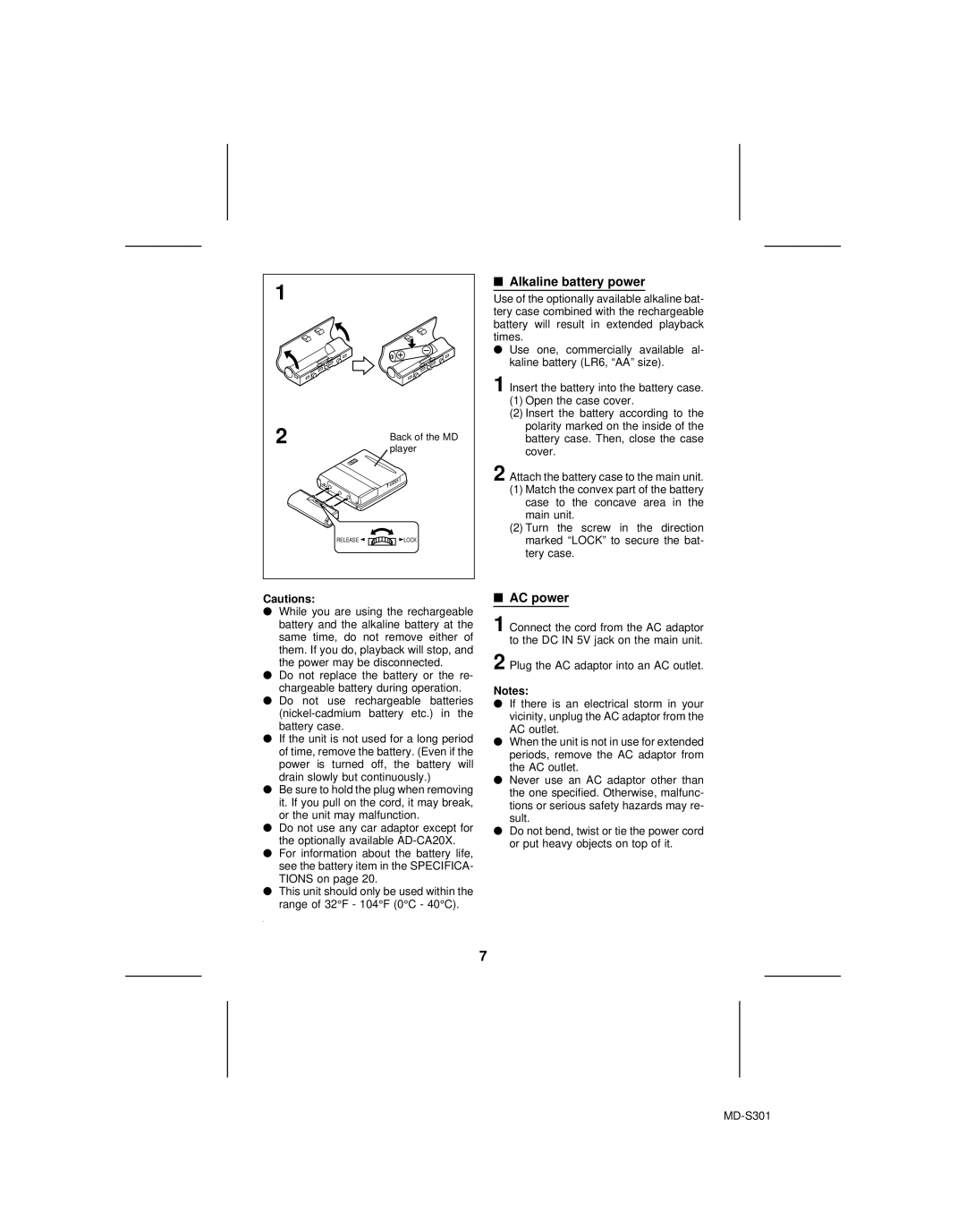 Sharp MD-S301 operation manual Alkaline battery power, AC power 