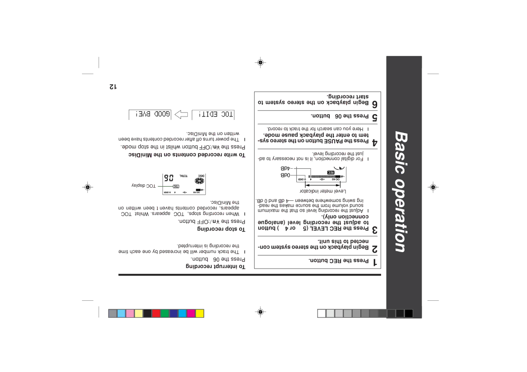 Sharp MD-SR50H operation manual Basic operation, To stop recording, To write recorded contents on the MiniDisc 