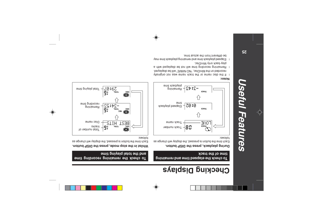 Sharp MD-SR50H operation manual Checking Displays, 256, To check the elapsed time and remaining time of the track 