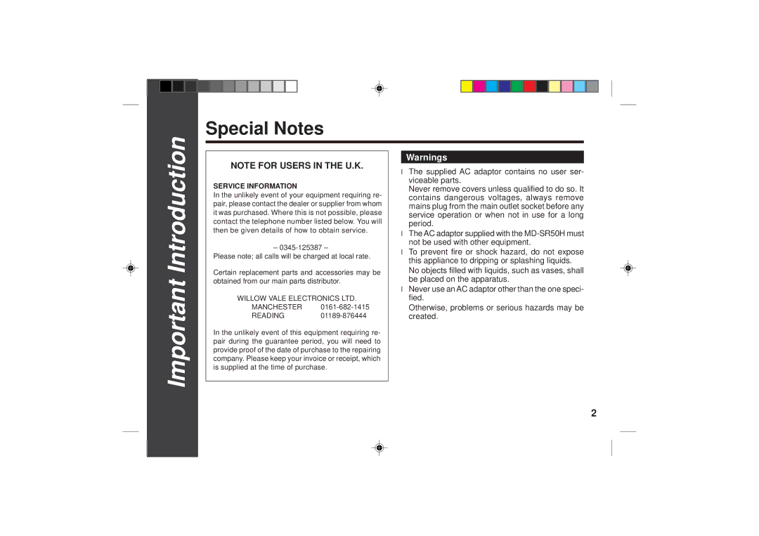 Sharp MD-SR50H operation manual Important Introduction, Special Notes 