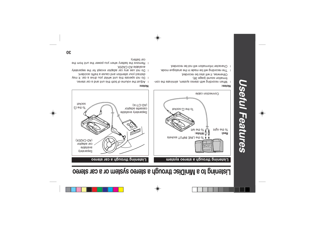 Sharp MD-SR50H operation manual Listening through a stereo system, Listening through a car stereo, Red White To the right 