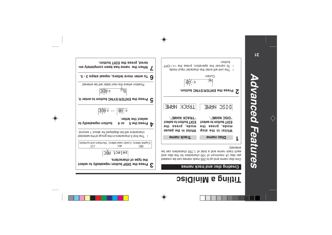 Sharp MD-SR50H operation manual Titling a MiniDisc, 312, Creating disc and track names 