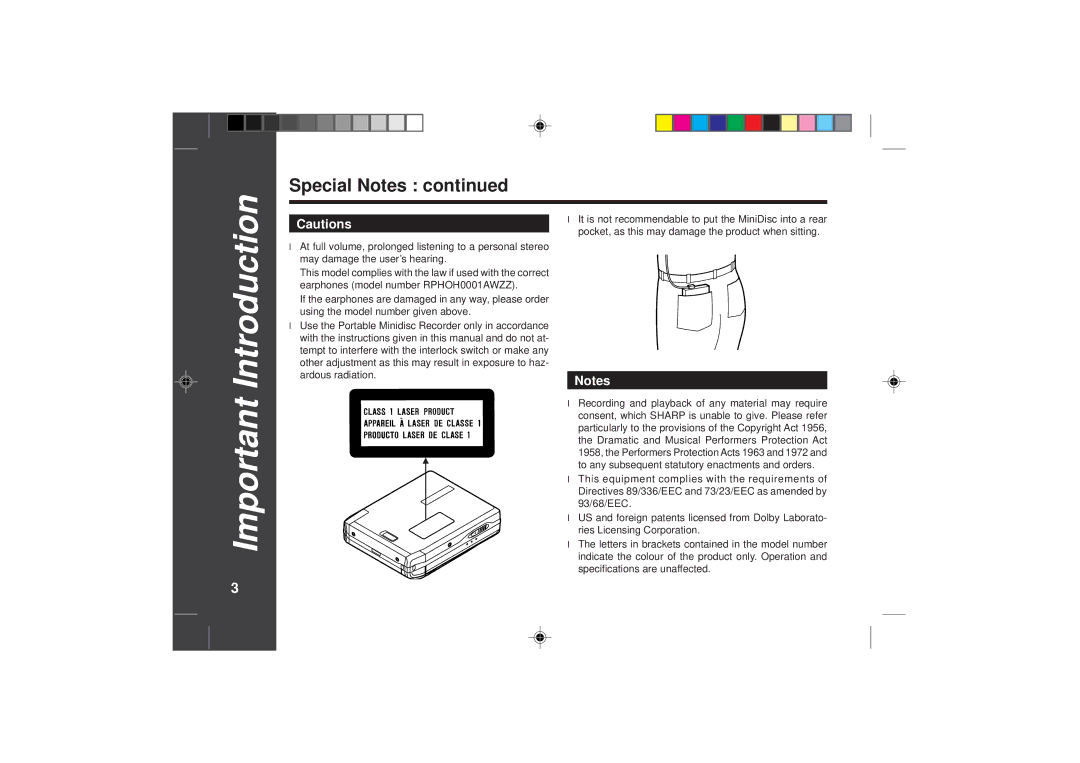 Sharp MD-SR50H operation manual IntroductionImportant 