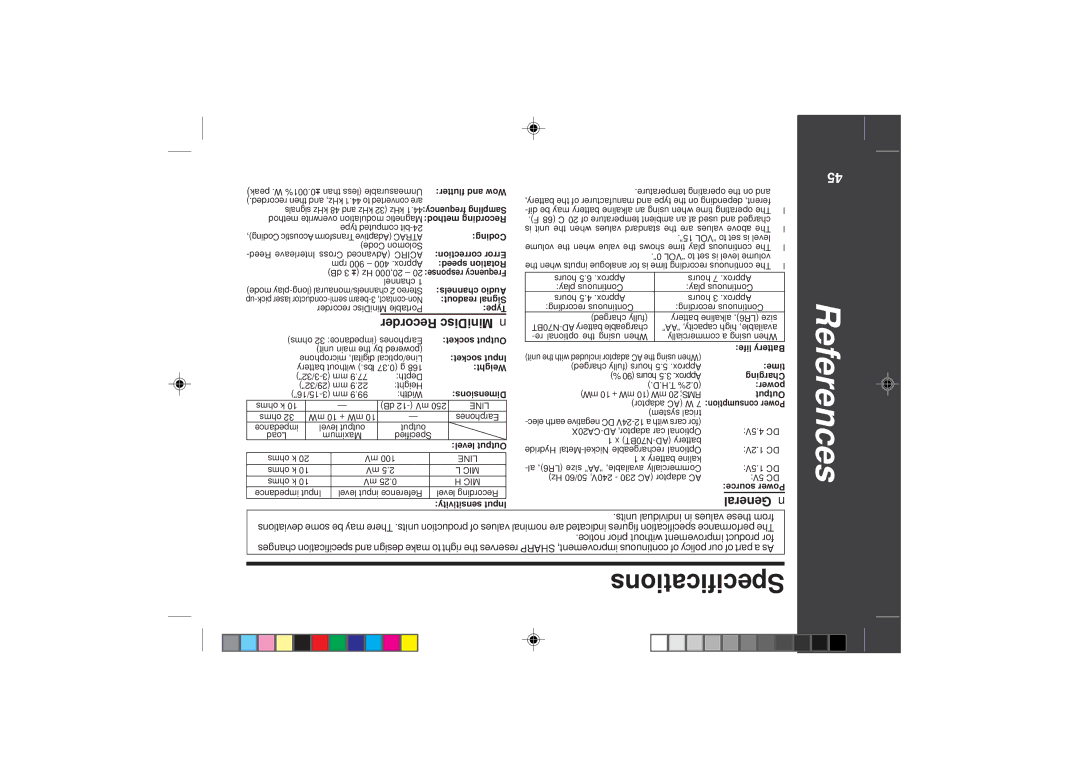 Sharp MD-SR50H operation manual Specifications, 456 