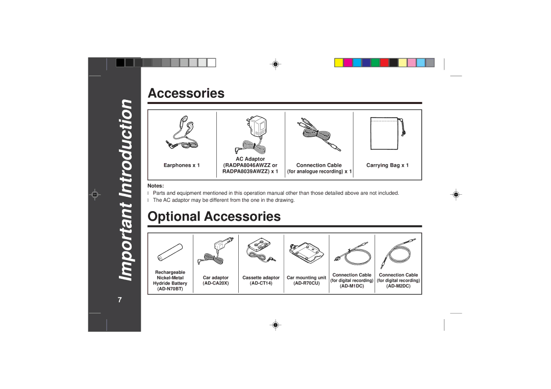 Sharp MD-SR50H operation manual Optional Accessories, AC Adaptor Earphones x, Carrying Bag x 