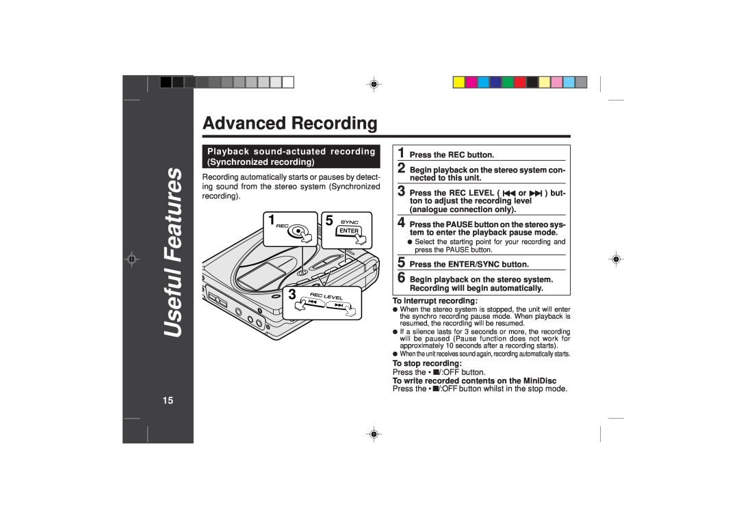 Sharp MD-SR50H operation manual Useful Features, Advanced Recording 