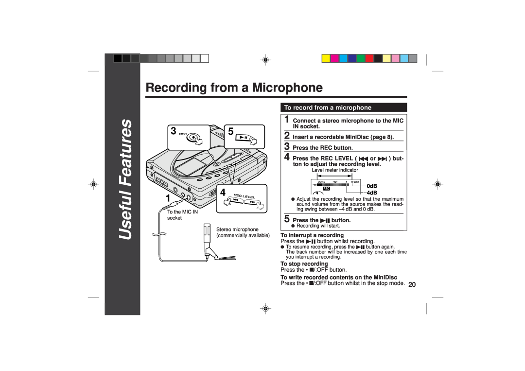 Sharp MD-SR50H operation manual Recording from a Microphone, Features, Useful, To record from a microphone 
