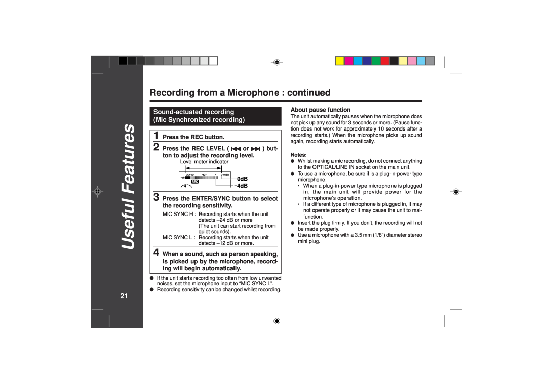 Sharp MD-SR50H operation manual Recording from a Microphone continued, Useful Features 