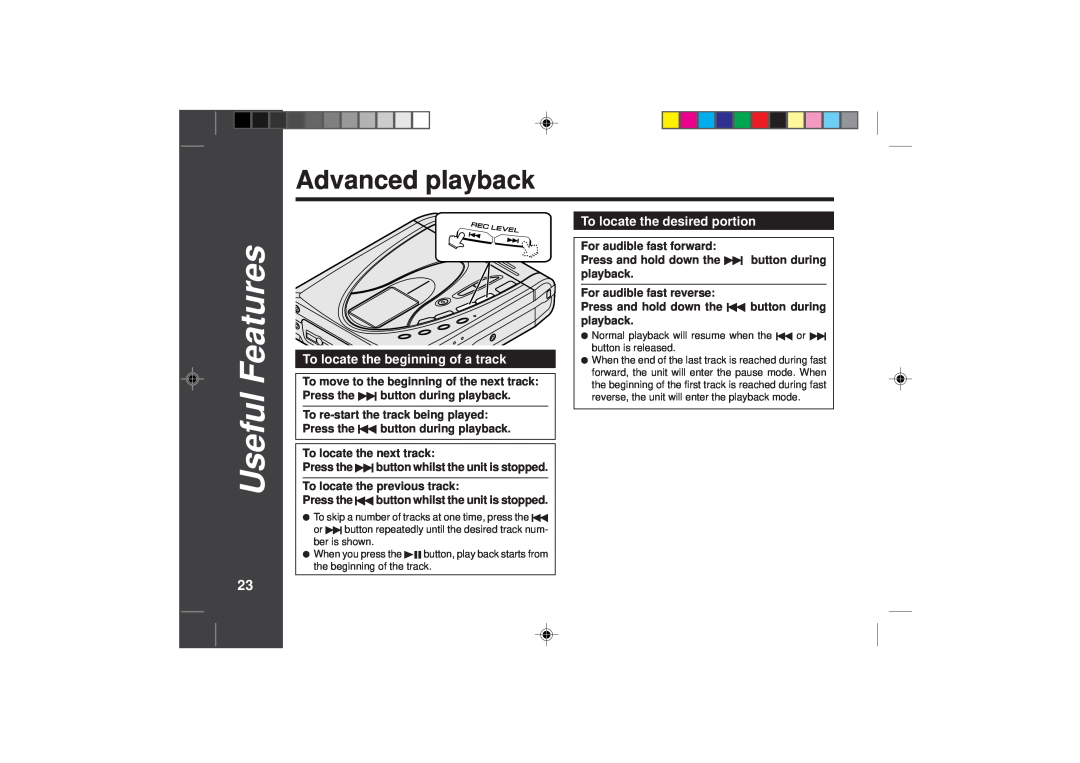 Sharp MD-SR50H Advanced playback, Useful Features, To locate the beginning of a track, To locate the desired portion 