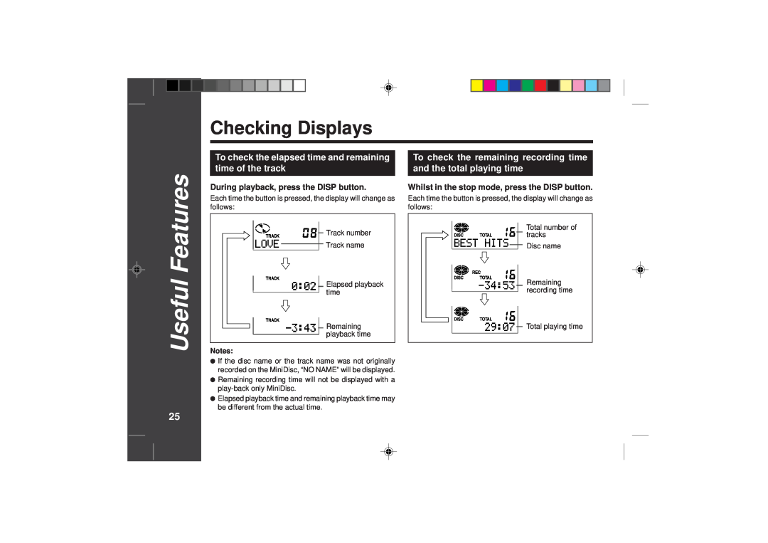 Sharp MD-SR50H operation manual Checking Displays, Useful Features 