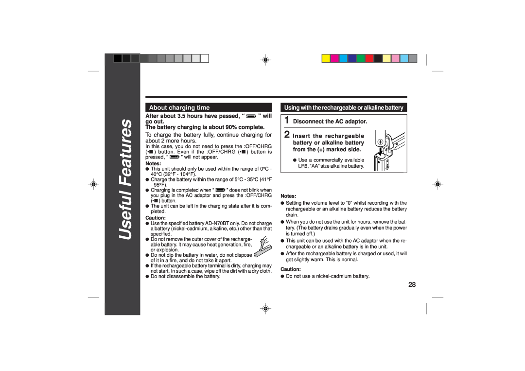 Sharp MD-SR50H operation manual 2928, Useful Features, About charging time, Using with the rechargeable or alkaline battery 