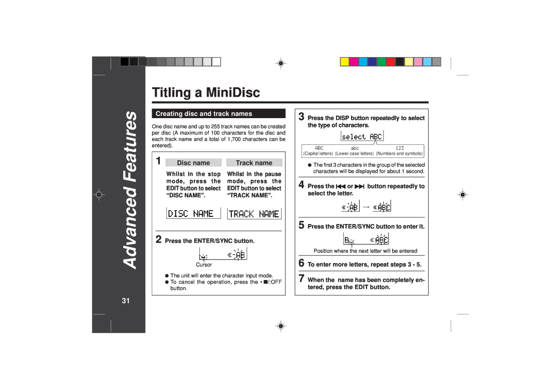 Sharp MD-SR50H operation manual Titling a MiniDisc, Advanced, Disc name, Track name, Features 