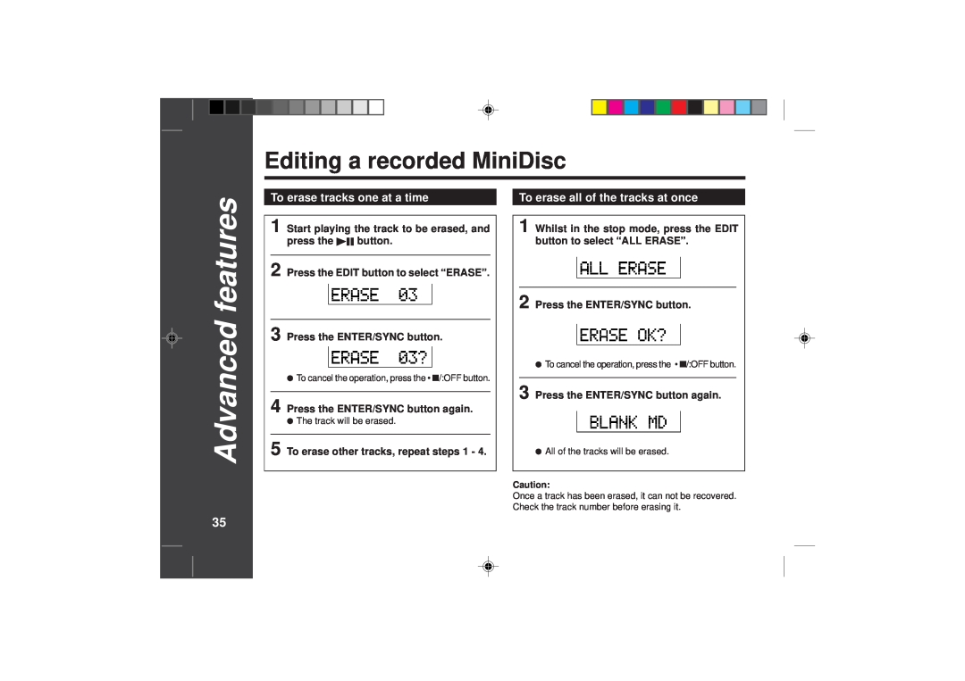 Sharp MD-SR50H operation manual Advanced features, Editing a recorded MiniDisc 