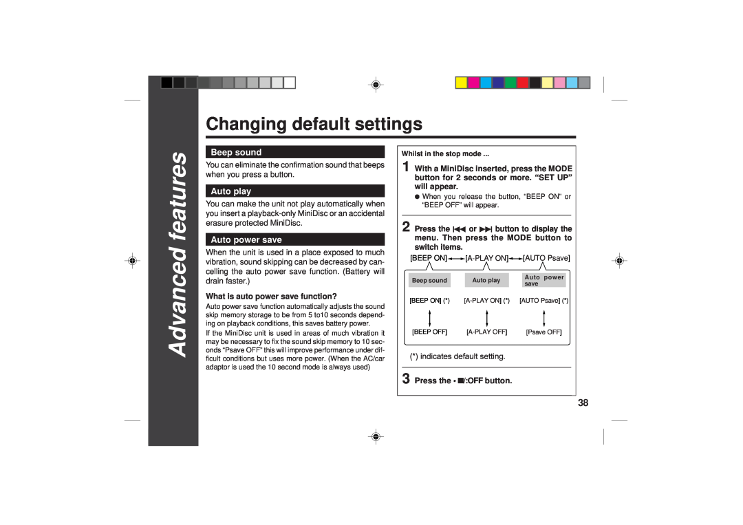 Sharp MD-SR50H operation manual Changing default settings, 3938, Advanced features, Beep sound, Auto play, Auto power save 
