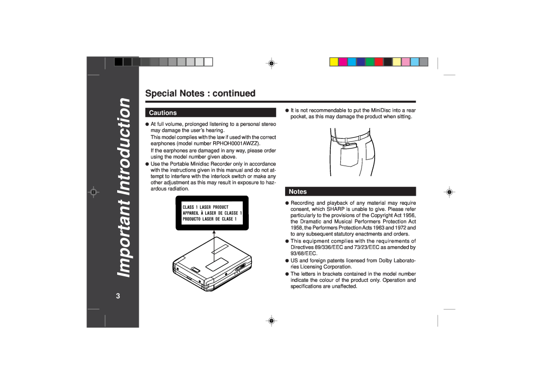Sharp MD-SR50H operation manual IntroductionImportant, Special Notes continued 
