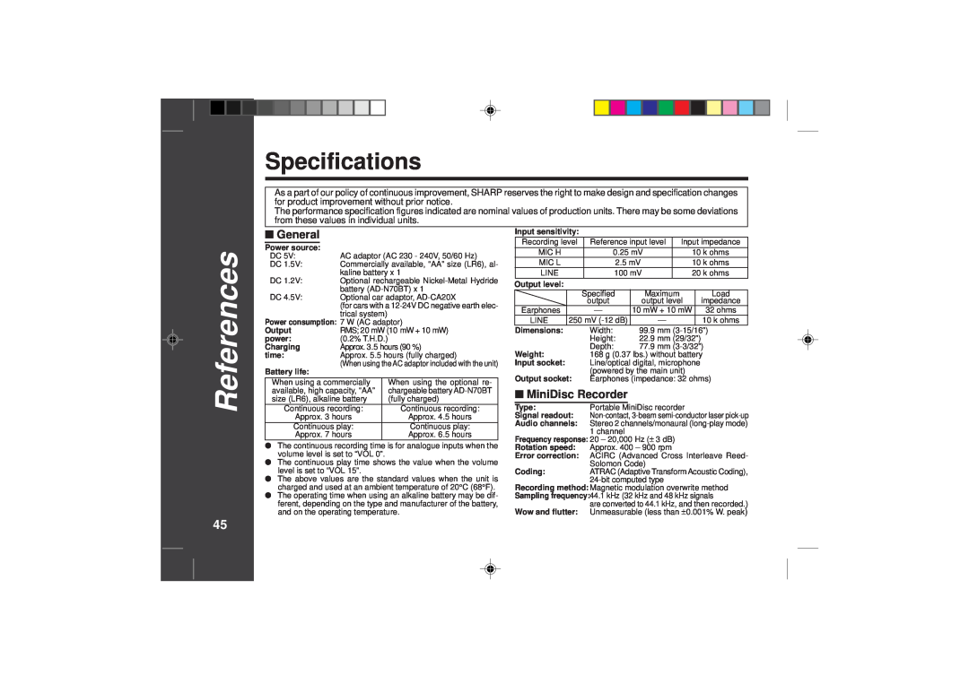 Sharp MD-SR50H operation manual Specifications, General, MiniDisc Recorder, References 