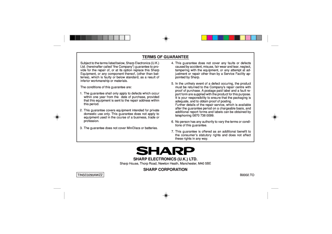 Sharp MD-SR50H operation manual Terms Of Guarantee, Sharp Corporation 