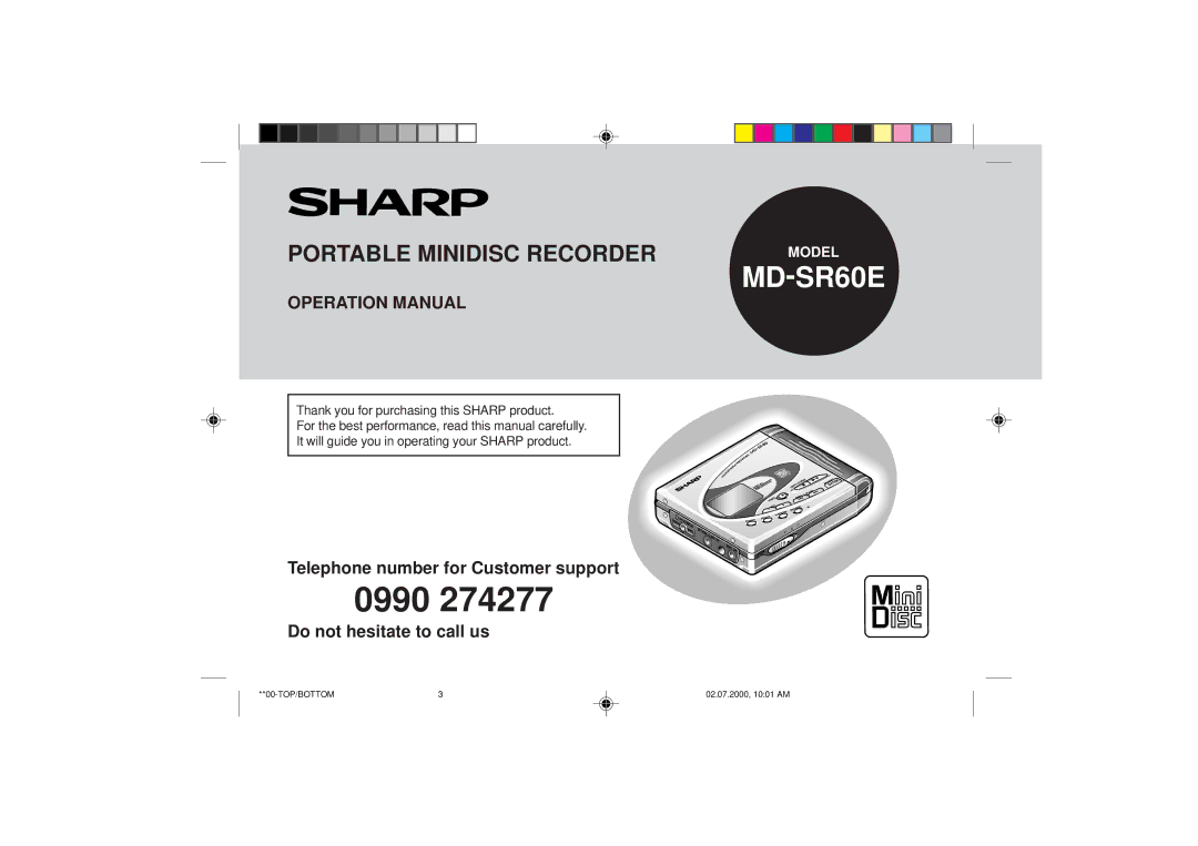 Sharp MD-SR60E operation manual Portable Minidisc Recorder, Thank you for purchasing this Sharp product 