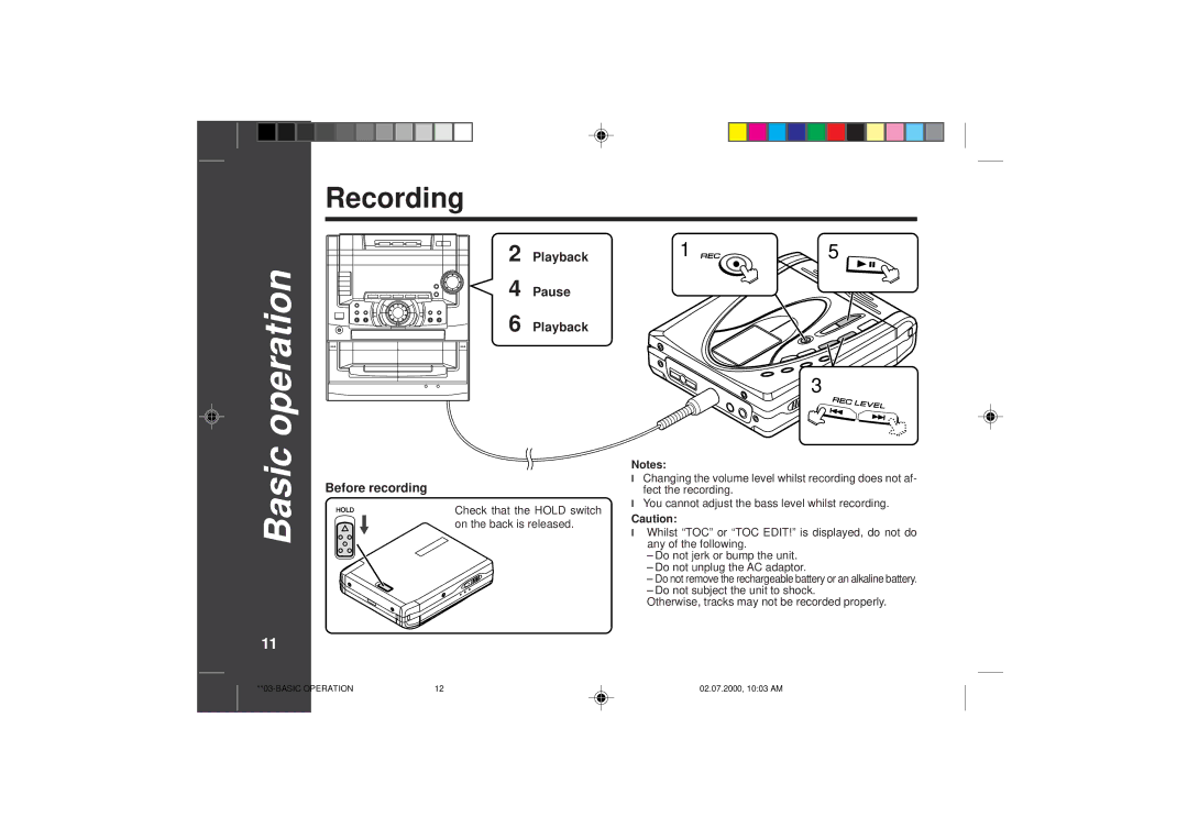 Sharp MD-SR60E operation manual Operation, Basic, Recording, 112 