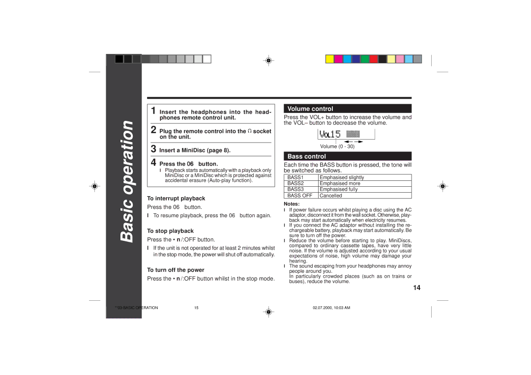 Sharp MD-SR60E Volume control, Bass control, To interrupt playback, To stop playback, To turn off the power 