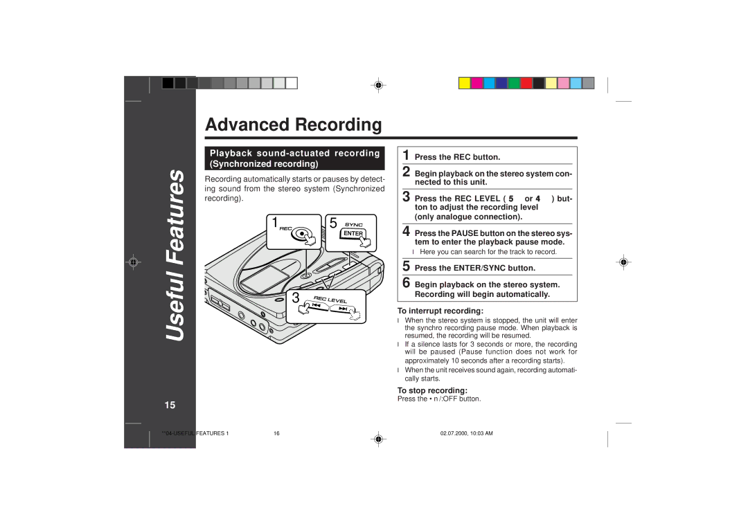 Sharp MD-SR60E Useful Features, Advanced Recording, 156, Playback sound-actuated recording Synchronized recording 