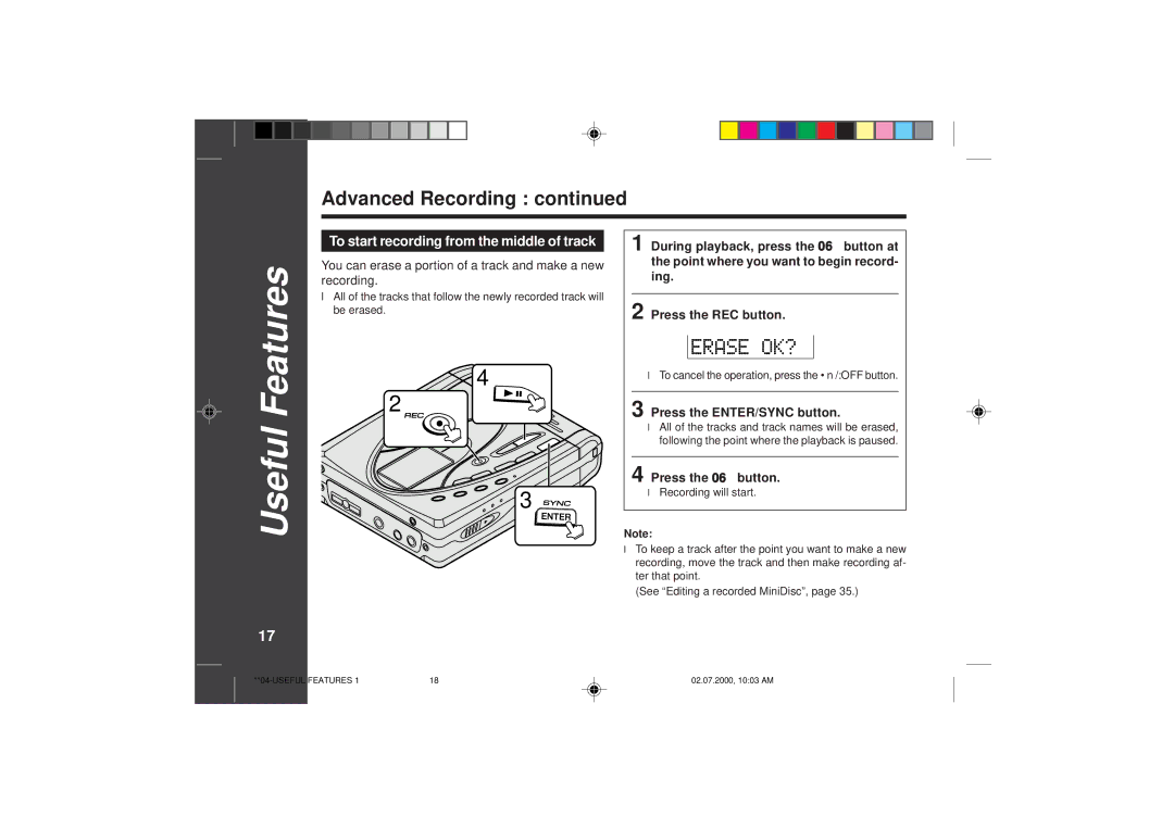 Sharp MD-SR60E operation manual 178, To start recording from the middle of track, Press the ENTER/SYNC button 