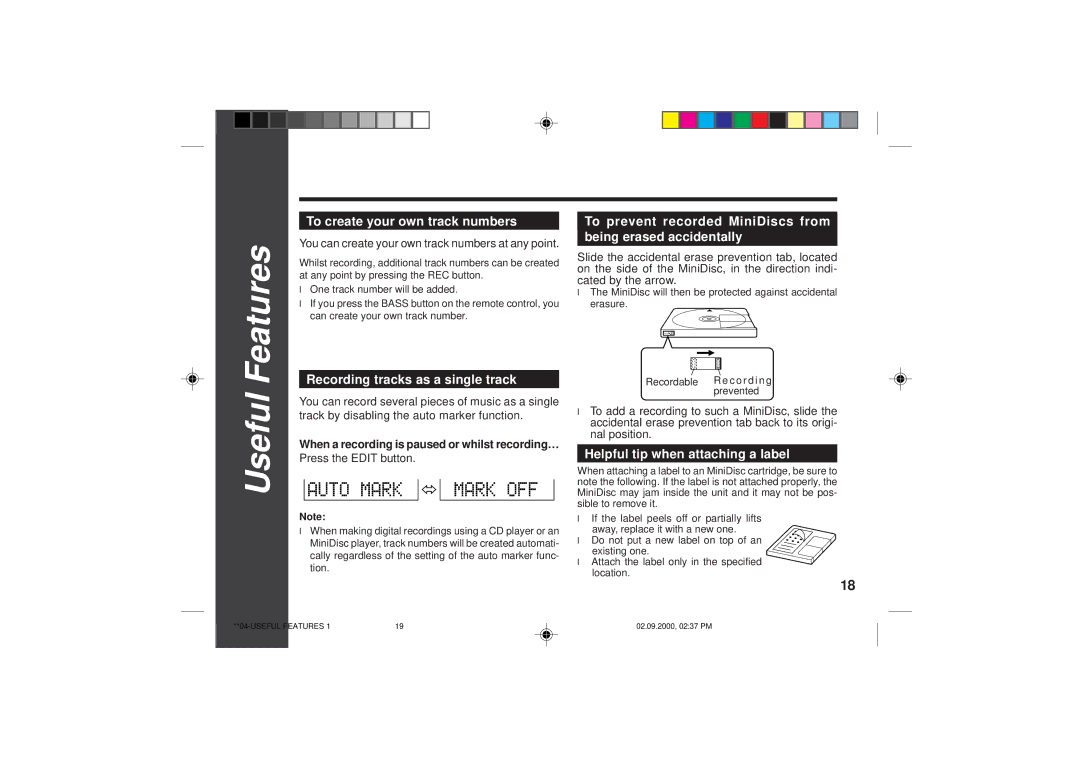 Sharp MD-SR60E operation manual Useful, To create your own track numbers, Recording tracks as a single track 