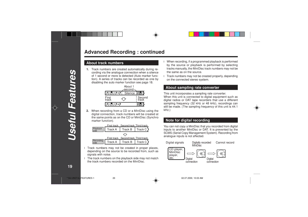 Sharp MD-SR60E operation manual 1920, About track numbers, About sampling rate converter 